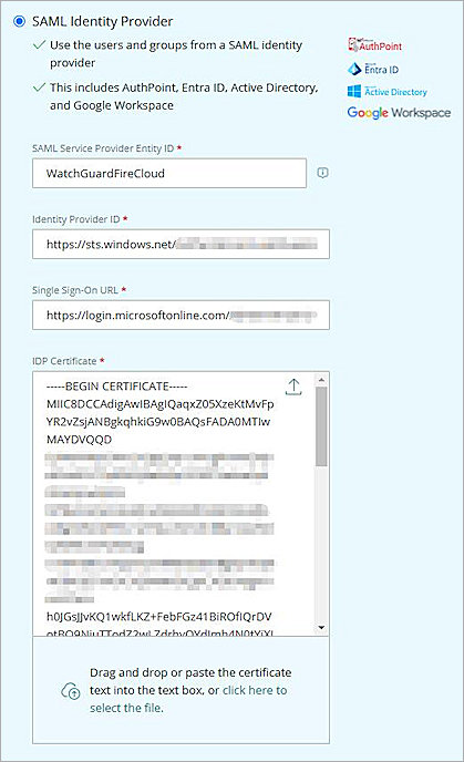 Screenshot of WGC, configure SAML Identity provider